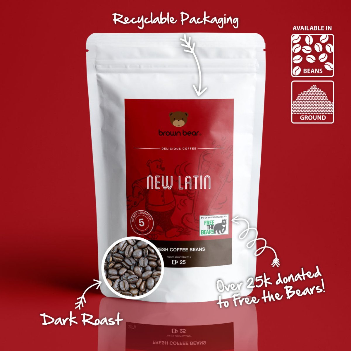 New Latin Espresso Coffee, Strength 5, Dark Roast - Brown Bear Coffee